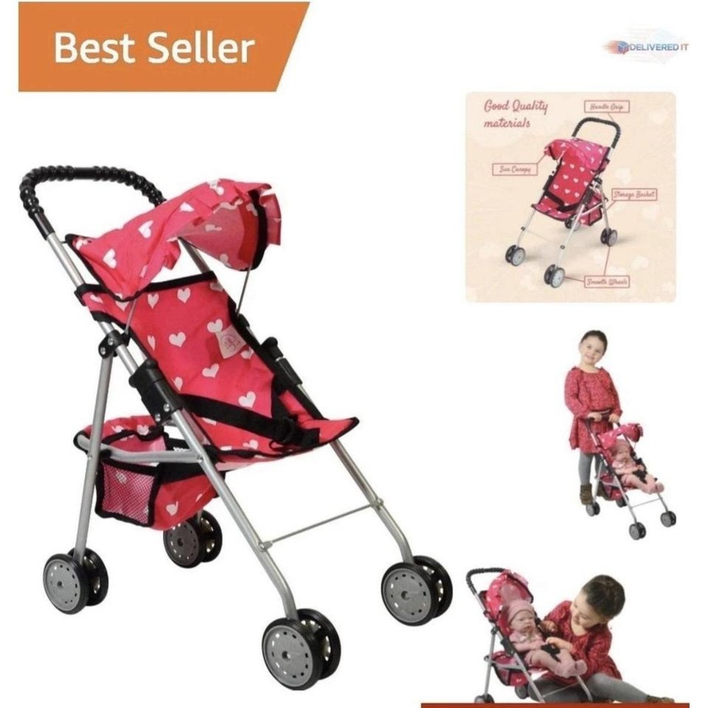 New York Doll Collection Pink Heart Umbrella Stroller Toy with Canopy and Basket